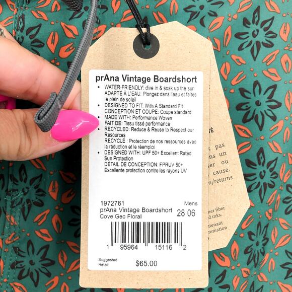 PRANA Men's Vintage Boardshort Size 28 Green Cove Geo Floral 6" Inseam Swim NWT - Picture 9 of 9